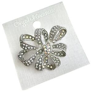NWT Clear and Iridescent Crystal Ribbon Bow Silver Plated Brooch / Pin